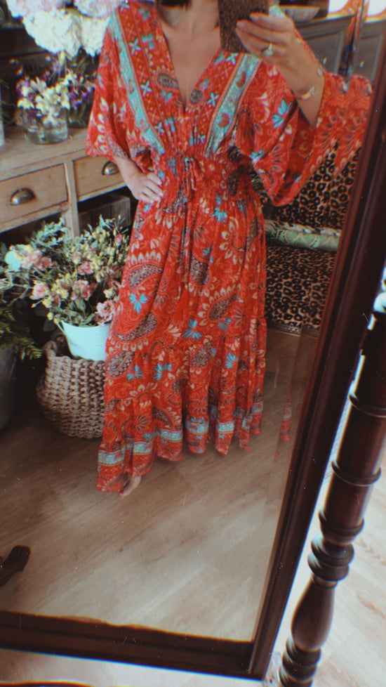 100% Indian Silk Red Boho Maxi Dress