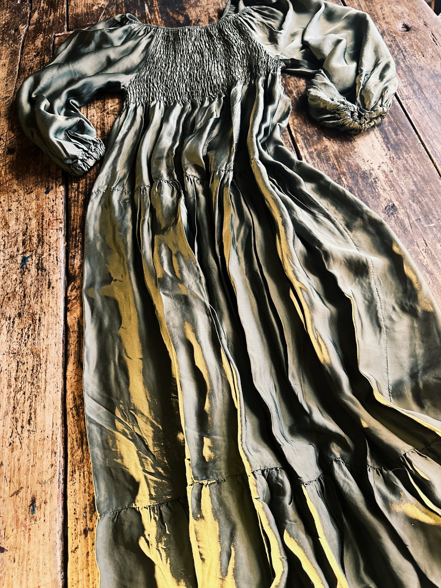 Eleanor - Satin Midaxi Boho Dress Olive