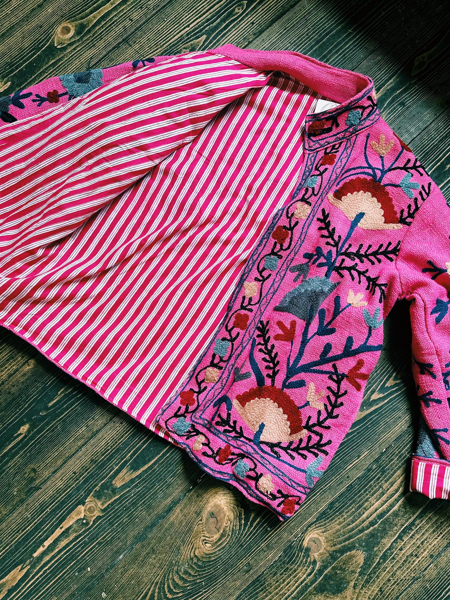 Boho Embroidered Jacket with Pinstripe Lining