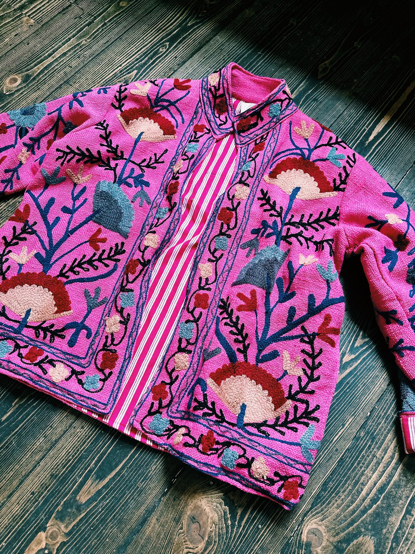 Boho Embroidered Jacket with Pinstripe Lining