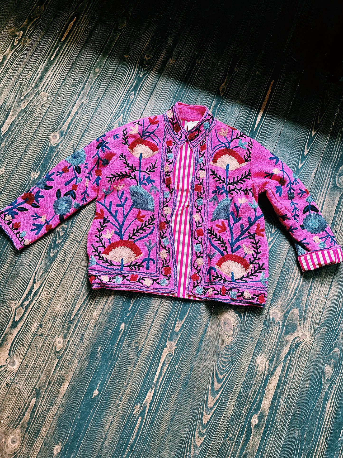 Boho Embroidered Jacket with Pinstripe Lining