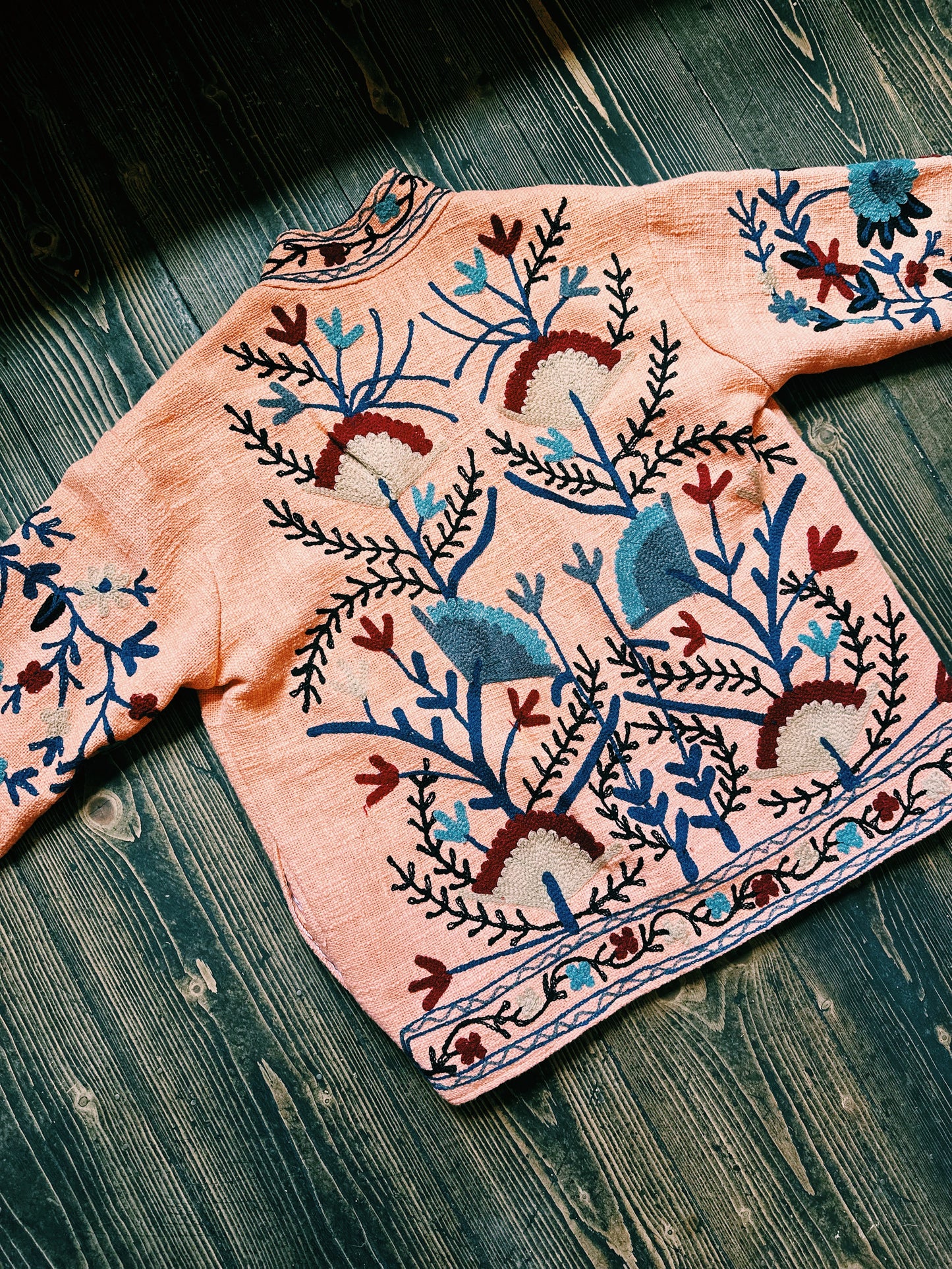 Boho Embroidered Jacket with Pinstripe Lining Peach
