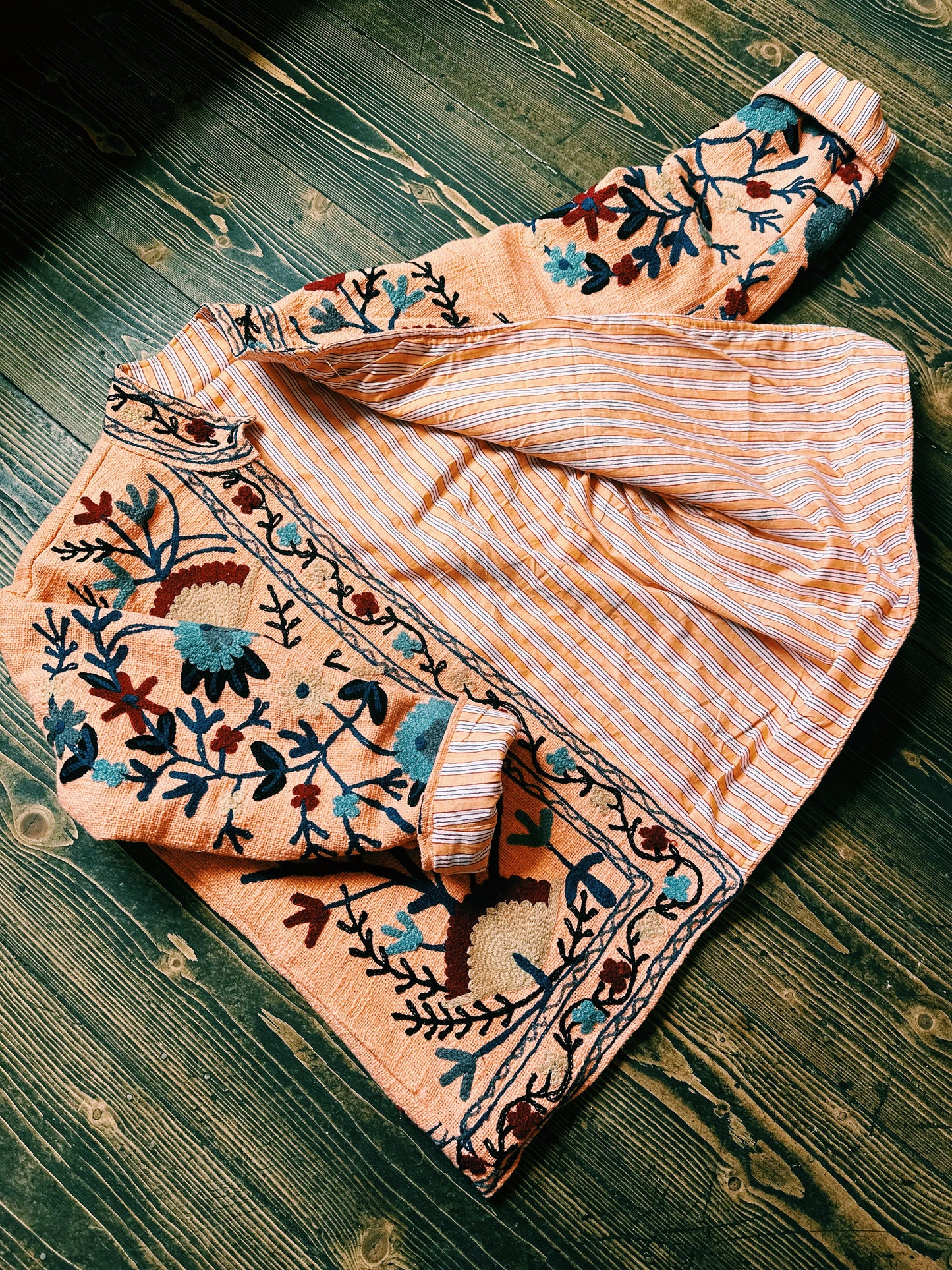 Boho Embroidered Jacket with Pinstripe Lining Peach