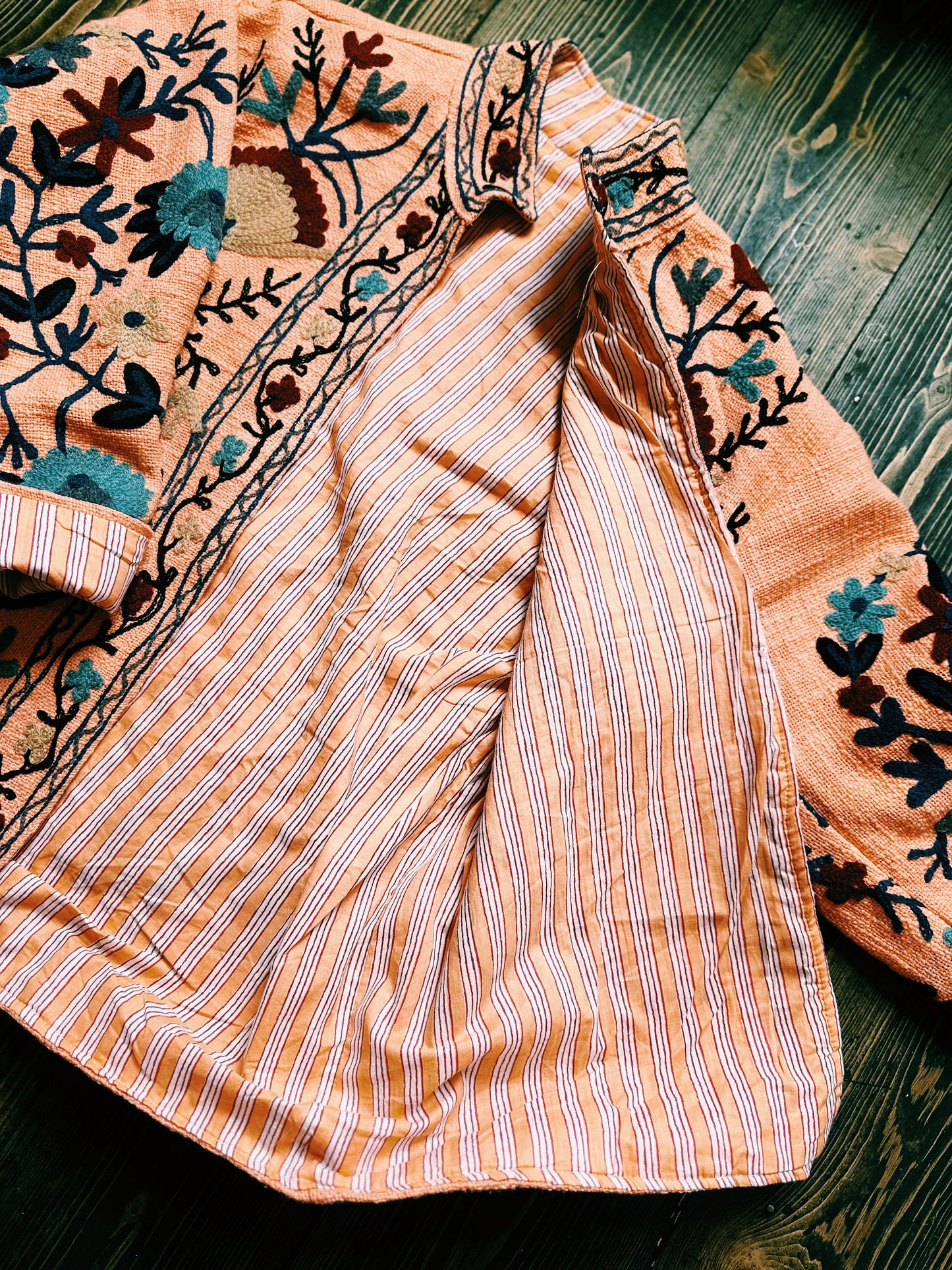 Boho Embroidered Jacket with Pinstripe Lining Peach