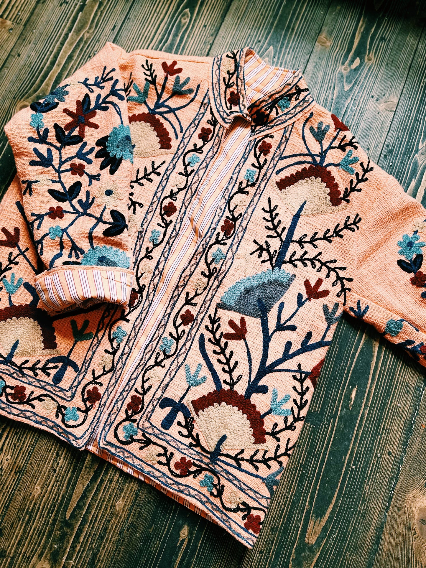 Boho Embroidered Jacket with Pinstripe Lining Peach