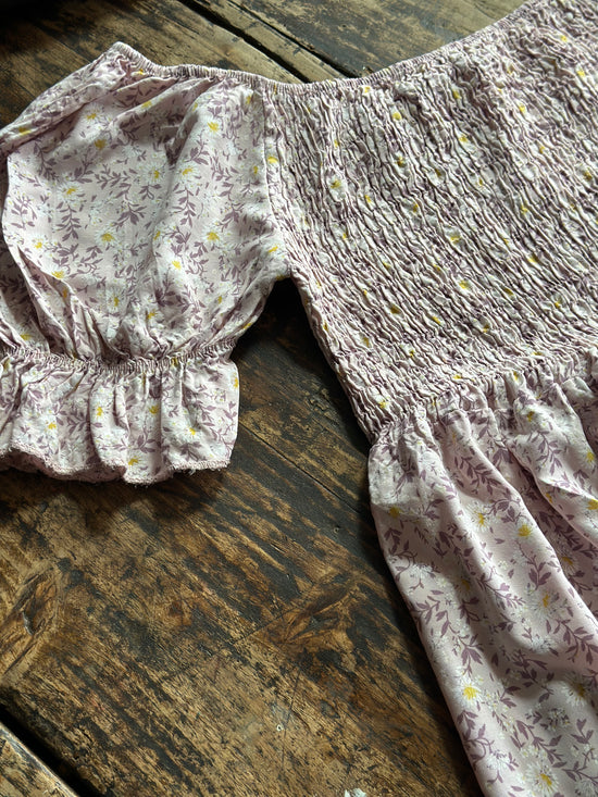 Boho Cotton Floral Print Smock Dress Pink