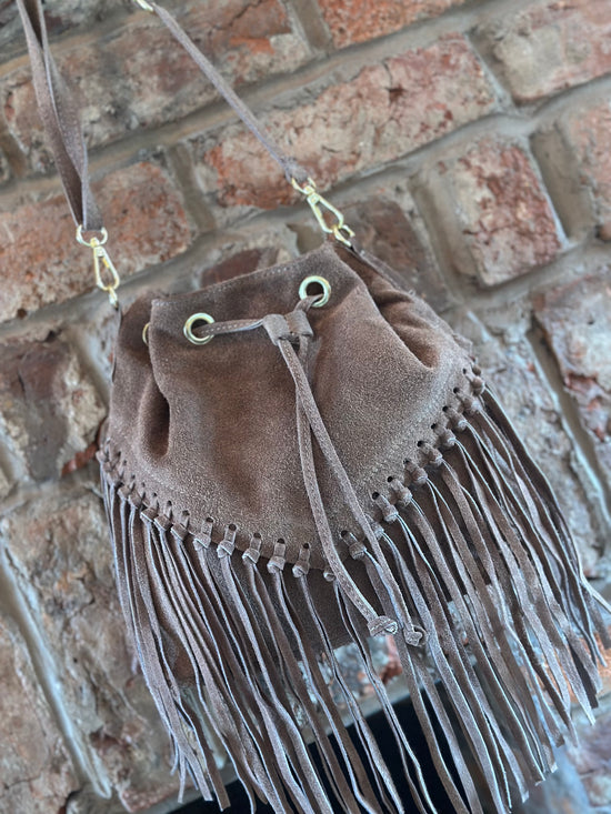 Italian Real Suede Fringe Boho Bucket Bag