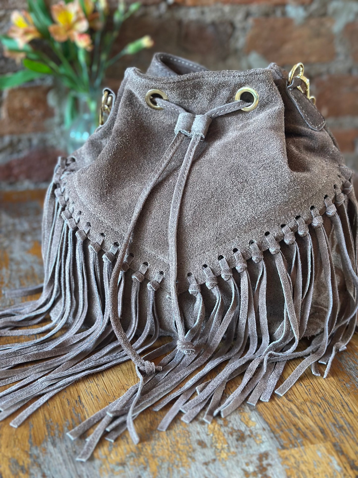 Italian Real Suede Fringe Boho Bucket Bag Steele Blue