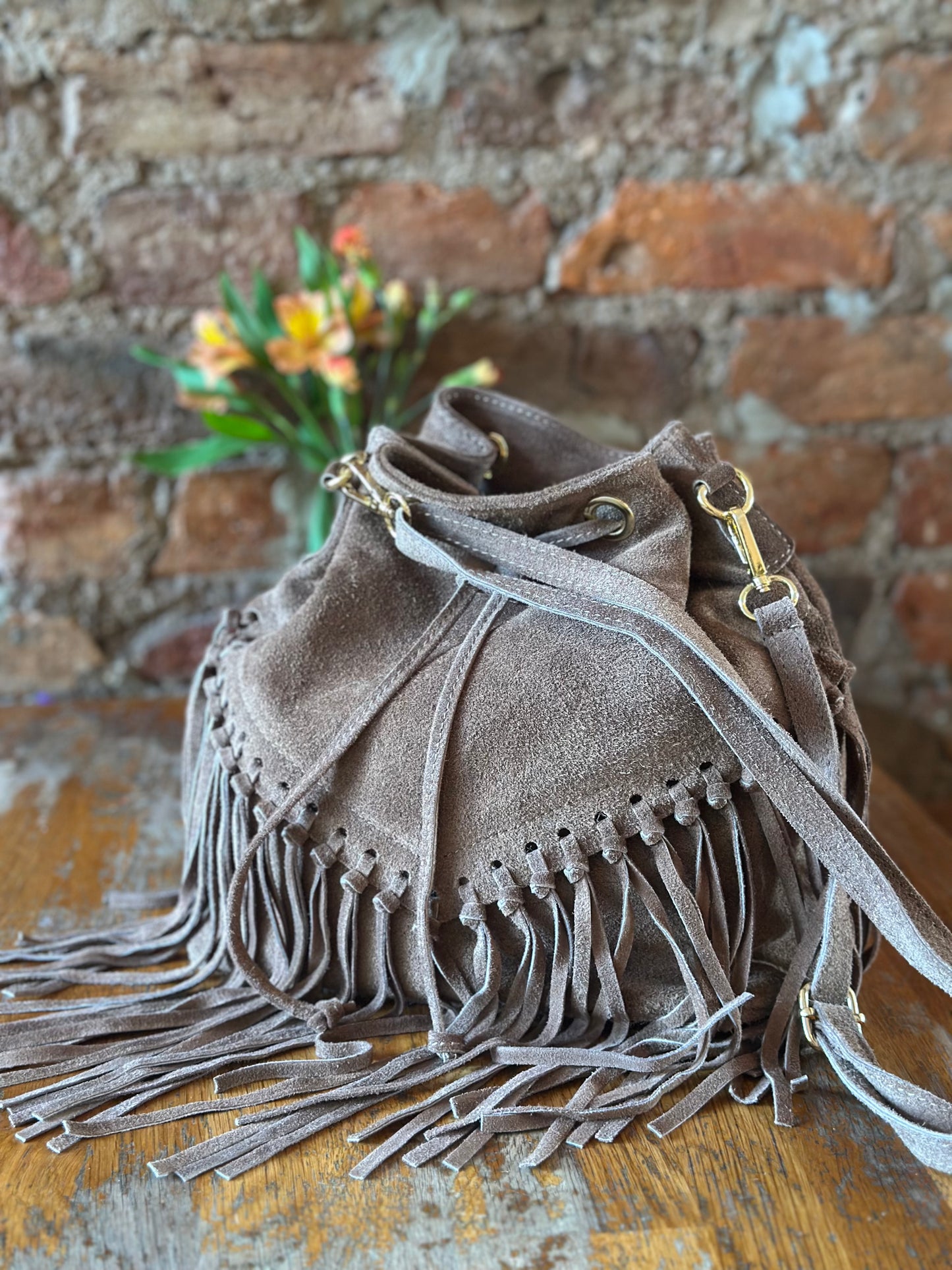 Italian Real Suede Fringe Boho Bucket Bag Steele Blue