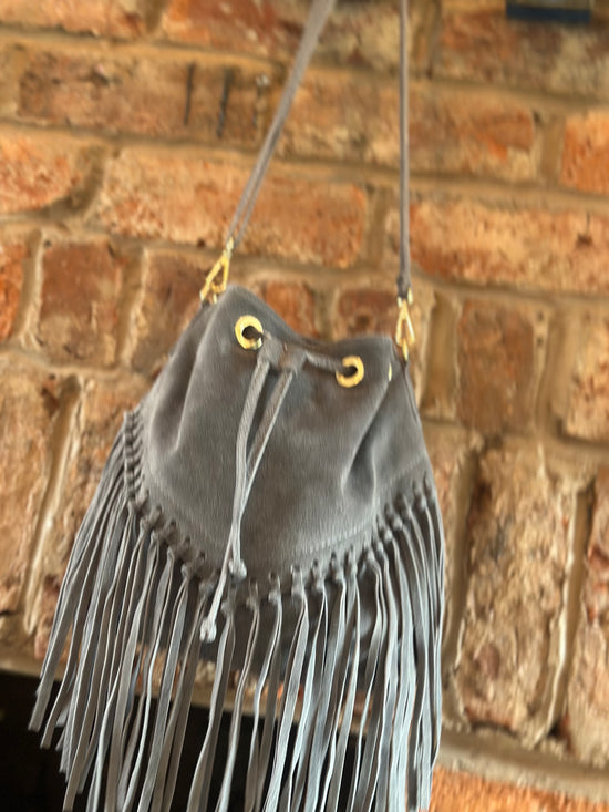 Italian Real Suede Fringe Boho Bucket Bag Steele Blue