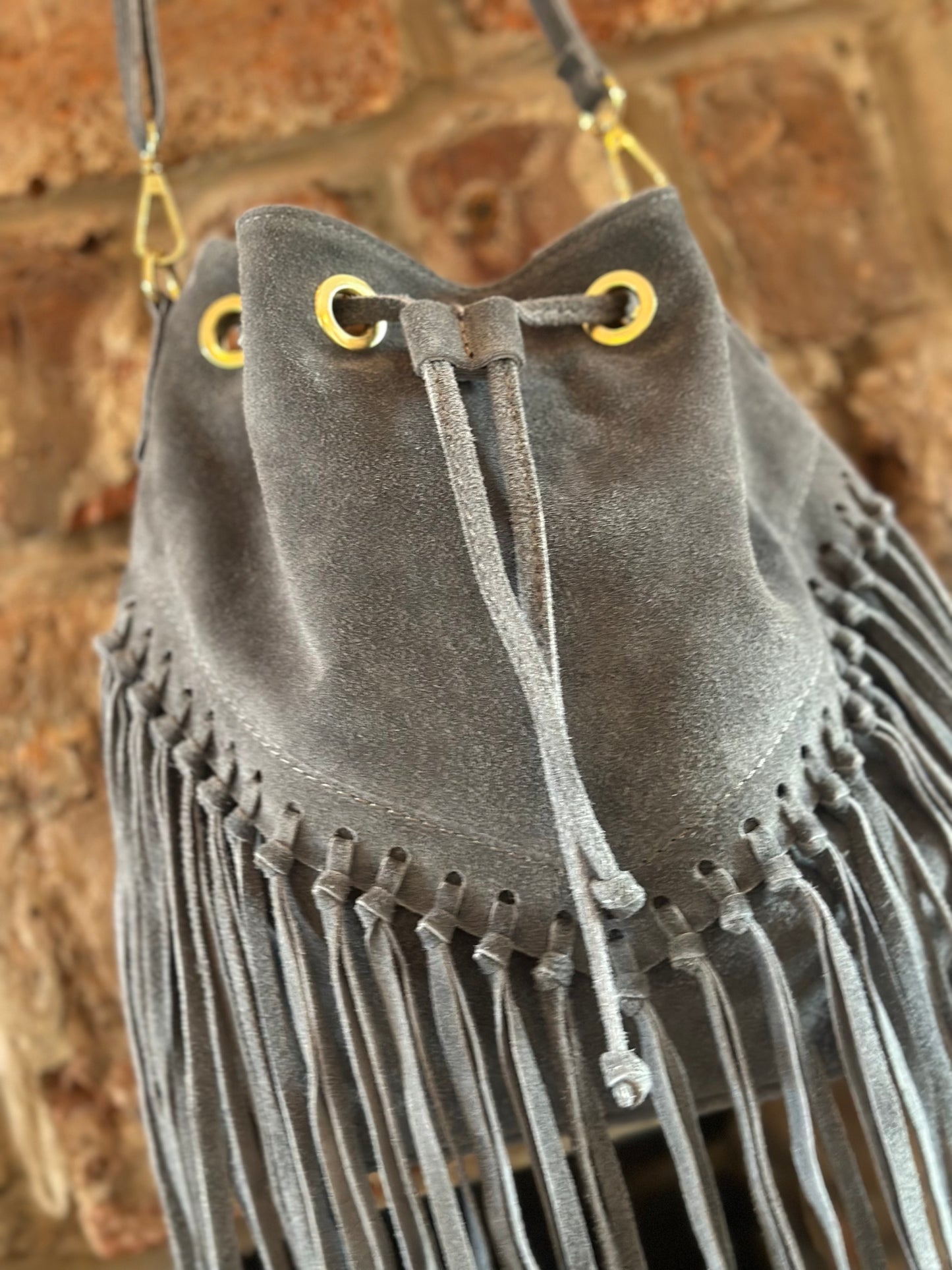 Italian Real Suede Fringe Boho Bucket Bag Steele Blue