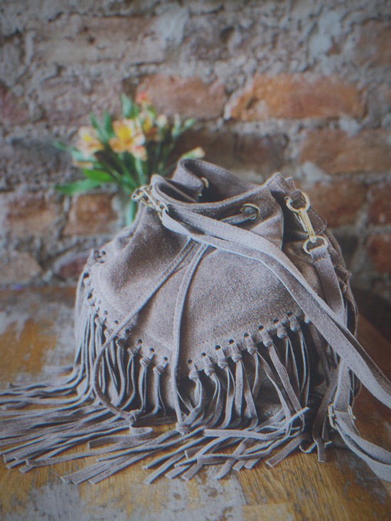 Italian Real Suede Fringe Boho Bucket Bag
