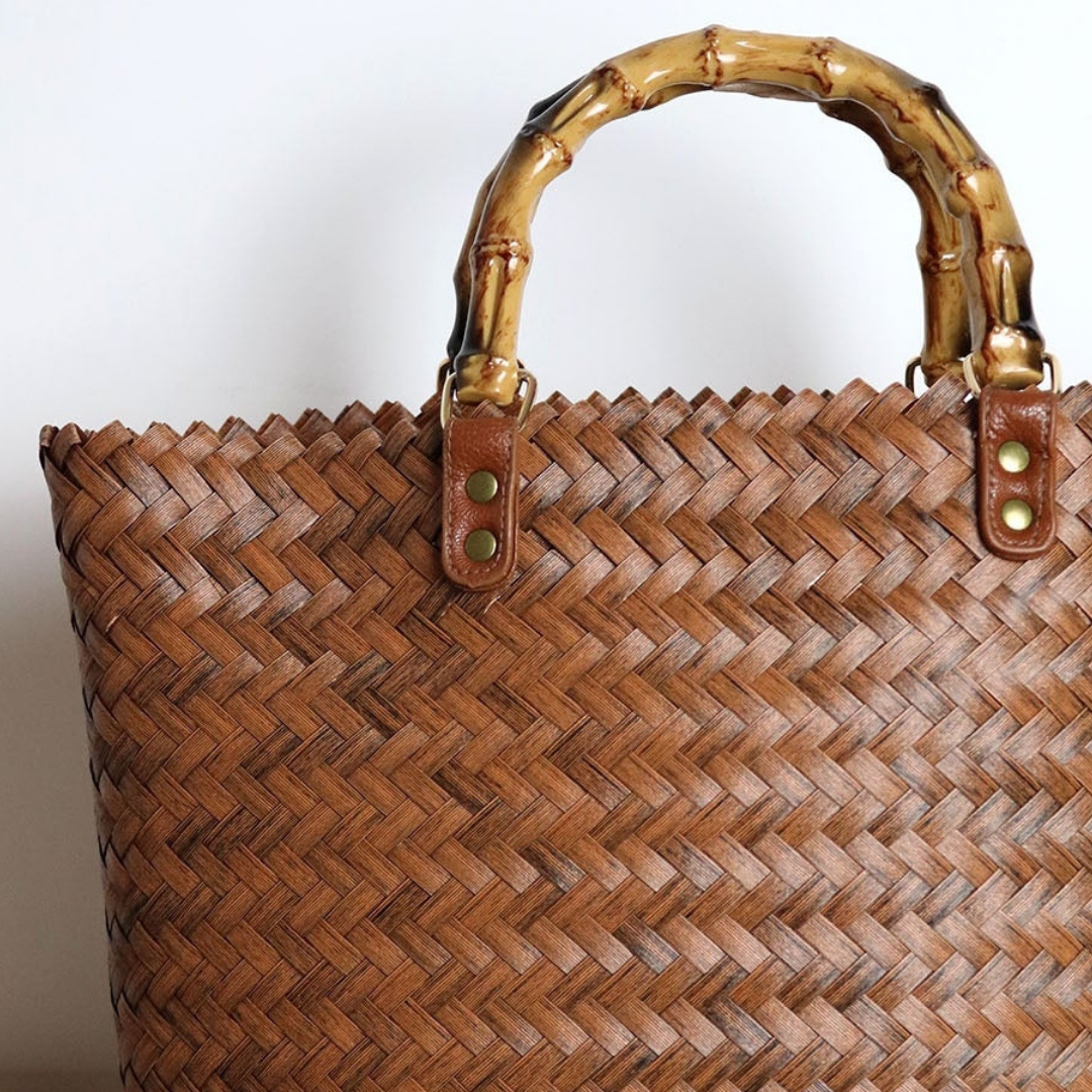 Bamboo Handle Brown Woven Bag